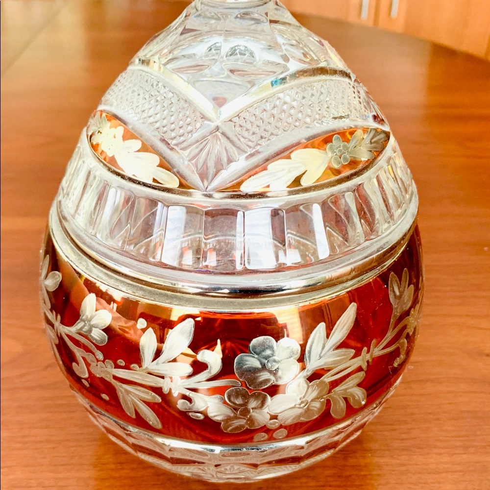 Ruby Red Cut-to-clear Real Crystal Candy Bowl Domed Crystal Lid Silver Flowers